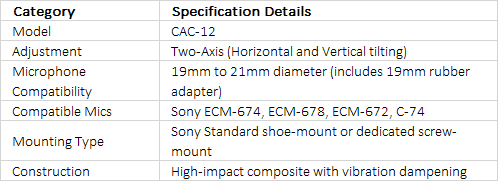 Sony CAC-12 | Adjustable 2-Axis Camera Microphone Holder with 19mm Rubber Adapter