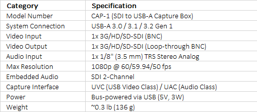 Datavideo CAP-1 SDI to USB 3.0 Capture Box