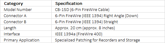 Datavideo CB-15D 6-Pin FireWire Cable