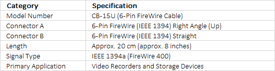 Datavideo CB-15U 6-Pin FireWire Cable