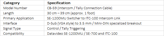 Datavideo CB-59 Intercom & Tally Connection Cable | SE-1200MU to ITC-100 Integration