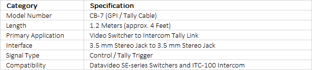 Datavideo CB-7 GPI / Tally Cable | 3.5mm Mini-Jack to 3.5mm Mini-Jack | 1.2M