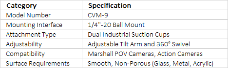 Marshall Electronics Dual Suction Cup Glass Mount with Adjustable Tilt Arm & 1/4"-20 Ball Mount