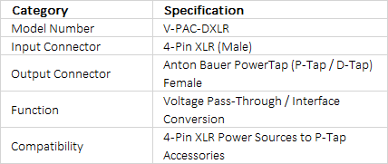 Marshall Electronics V-PAC-DXLR 4-Pin XLR Power to Anton Bauer Power Tap