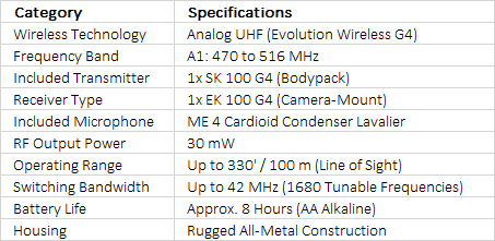 Sennheiser EW 122P G4 Camera-Mount Wireless Cardioid Lavalier Microphone System (A1: 470 to 516 MHz)