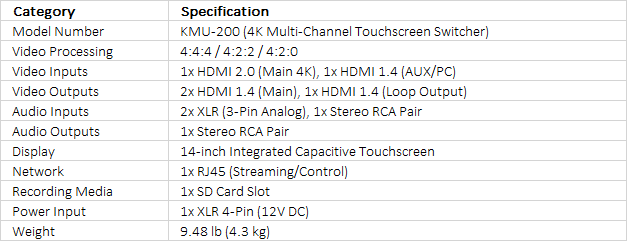 Datavideo KMU-200 4K Multi-Camera Processing Switcher with Built-In PTZ Camera Control