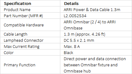 ARRI Power & Data Cable 1.3m for Omnibar | L2.0052534 | DC 5.5 x 2.1mm Link Cable