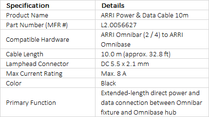 ARRI Power & Data Cable 10m for Omnibar | L2.0056627 | DC 5.5 x 2.1mm Long Extension Cable