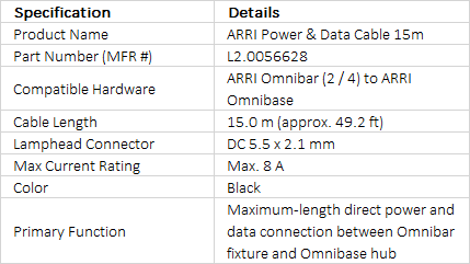 ARRI Power & Data Cable 15m for Omnibar | L2.0056628 | DC 5.5 x 2.1mm Long Extension Cable