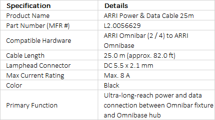 ARRI Power & Data Cable 25m for Omnibar | L2.0056629 | DC 5.5 x 2.1mm Ultra-Long Extension Cable