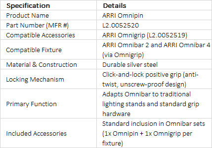 ARRI Omnipin Mounting Pin | L2.0052520 | Quick-Lock Rigging Adapter for Omnigrip