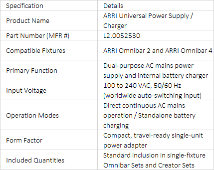 ARRI Universal Power Supply / Charger for Omnibar | L2.0052530 | Fast-Charging AC Adapter