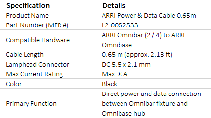 ARRI Power & Data Cable 0.65m for Omnibar | L2.0052533 | DC 5.5 x 2.1mm Link Cable