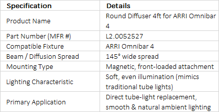 ARRI Round Diffuser 4ft for Omnibar 4 | L2.0052527 | Magnetic Tube-Style Light Modifier