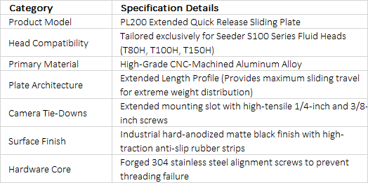 SEEDER PL200 Quick Release Balance Plate | Extended Sliding Camera Plate for S100 Series Fluid Heads