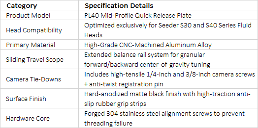 SEEDER PL40 Quick Release Balance Plate | Professional Sliding Camera Plate for S30 & S40 Series Fluid Heads