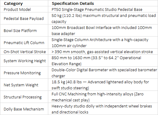 SEEDER PT50 Professional Studio Broadcast Pneumatic Pedestal Column System | 100mm Bowl 50kg Capacity Camera Support with Tracking Dolly Kit