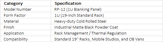 Datavideo RP-12 1U Rackmount Blanking Panel
