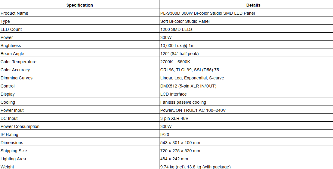 PL-S300D 300W Bi-color Studio SMD Panel LED Light