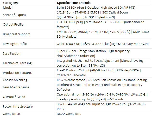 High-Speed Full HD Outdoor PTZ Camera | Bolin SD530H (Gen 3) | 30x Zoom & FreeD Tracking