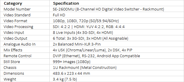 Datavideo SE-2600MU HD 8-Channel Rack-Mountable Video Switcher