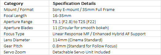Sony SELC1635G | FE C 16-35mm T3.1 G Wide-Angle Full-Frame Cinema Lens