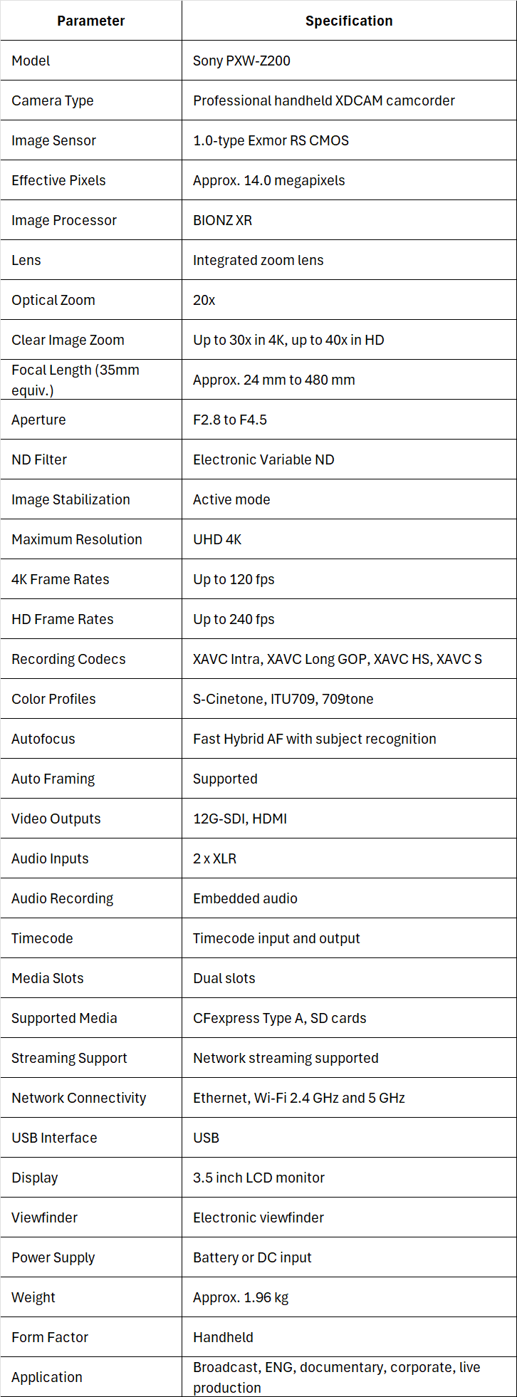 Sony PXW-Z200 4K 1" CMOS Sensor XDCAM Camcorder