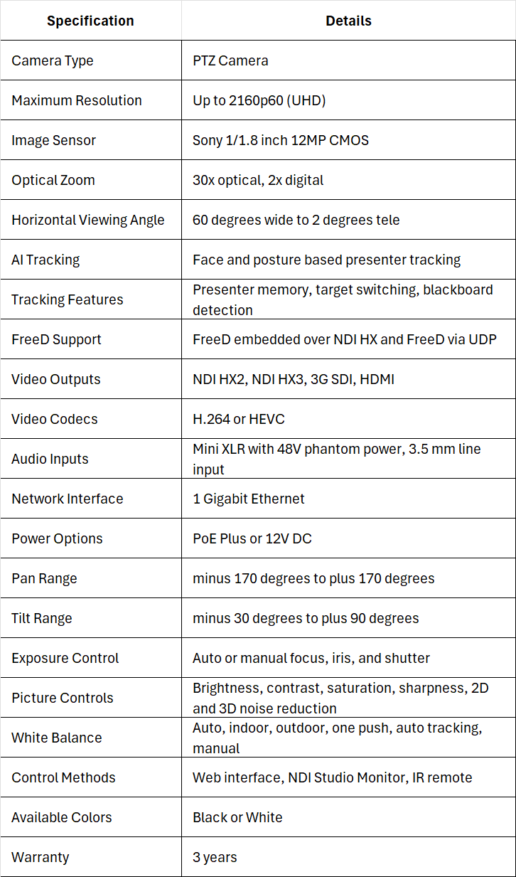 Vizrt PTZ3 UHD PLUS with 30x Optical Zoom