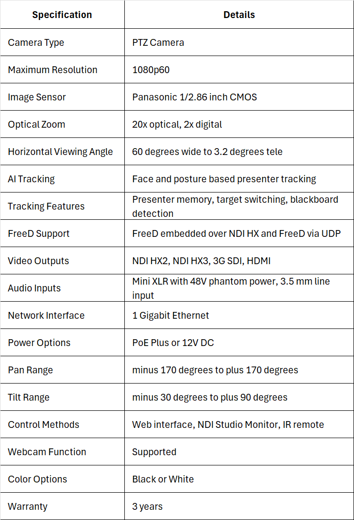 Vizrt PTZ3 PLUS Camera with 20x Optical Zoo