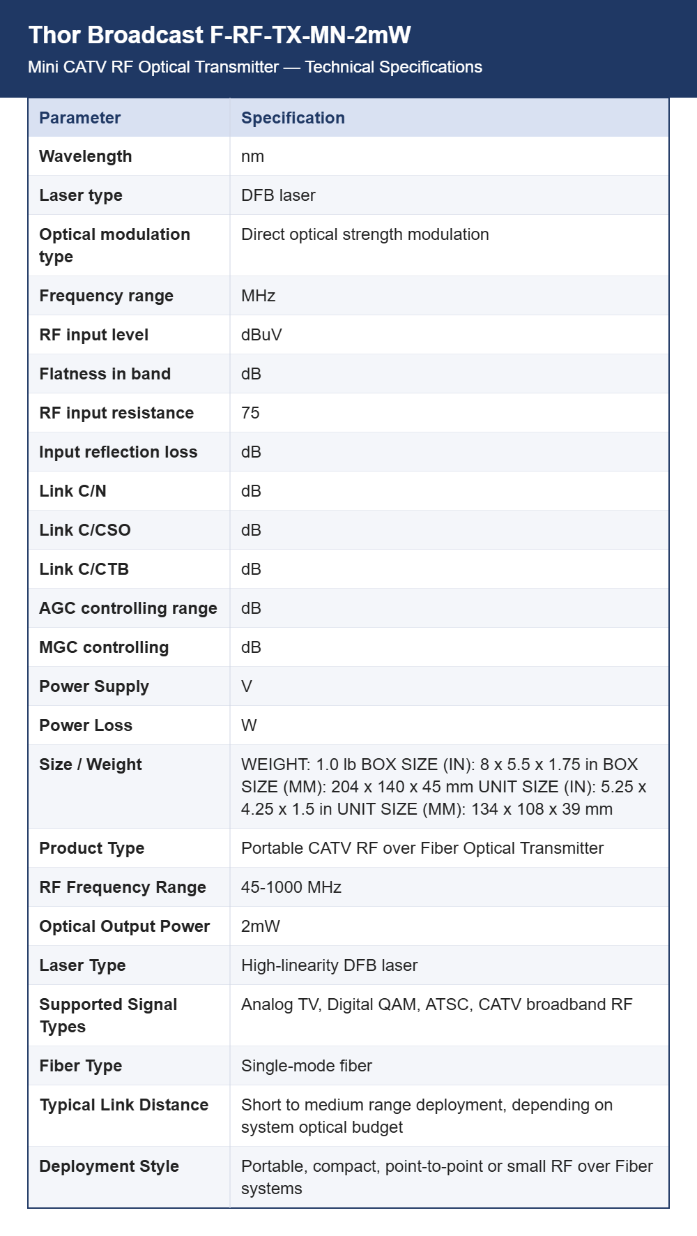 Thor Broadcast F-RF-TX-MN-2mW Mini CATV RF Optical Transmitter | 45-1000 MHz, 2 mW 1310 nm | Links up to 10 km