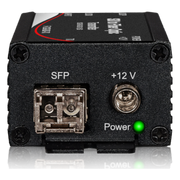 F-12G-SDI transmitter front with SFP fiber port and 12V power
