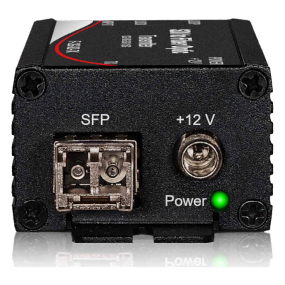 F-12G-SDI transmitter front with SFP fiber port and 12V power