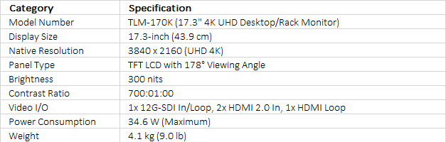 Datavideo TLM-170K 17.3" 4K ScopeView Production Monitor (Desktop)