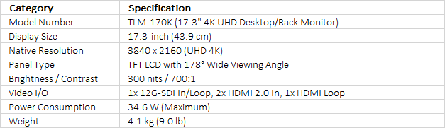 Datavideo TLM-170KM 17.3" 4K ScopeView Production Monitor (Rackmount, 1 RU)
