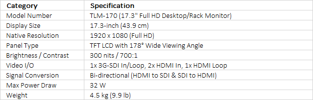 Datavideo TLM-170V 17.3" ScopeView Production Monitor (Desktop, )