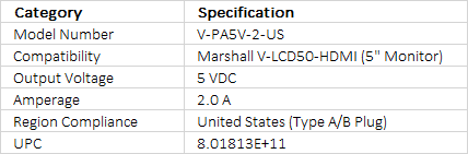 Marshall Electronics V-PA5V-2-US Power Supply