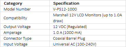 Marshall Electronics V-PS12-1000 12 Volt DC, 1 Amp Regulated Power Supply