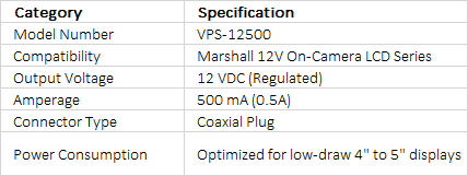 Marshall Electronics VPS-12500 12VDC Power Supply for On Camera LCD Monitors