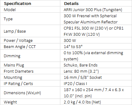 ARRI 300 Plus Tungsten Fresnel Lamphead (300 W)