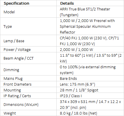 ARRI True Blue ST1/2 Theater 2000 W Tungsten Fresnel Lamphead
