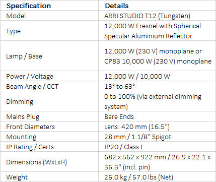 ARRI STUDIO T12 12000 W Tungsten Fresnel Lamphead