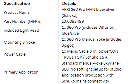 ARRI SkyPanel S60 Pro Manual Yoke LED Soft Light Package (Blue/Silver, Schuko)