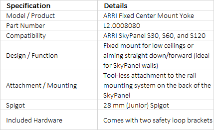 ARRI Fixed Center Mount Yoke for SkyPanel S30, S60 & S120 (L2.0008080)