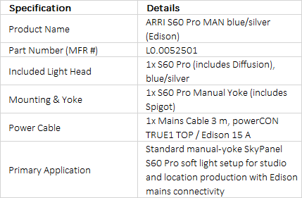 ARRI SkyPanel S60 Pro Manual Yoke LED Soft Light Package (Blue/Silver, Edison)