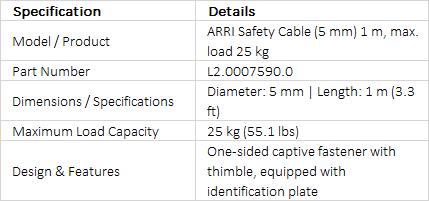 ARRI Safety Cable 5mm x 1m, 25kg Max Load (L2.0007590.0)