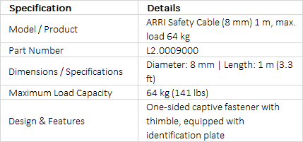 ARRI Safety Cable 8mm x 1m, 64kg Max Load (L2.0009000)