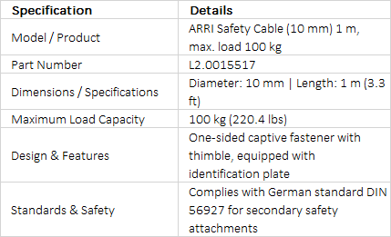 ARRI Safety Cable 10mm x 1m, 100kg Max Load (L2.0015517)