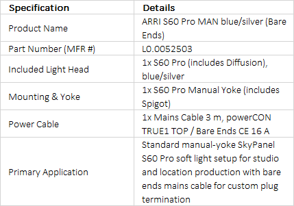 ARRI SkyPanel S60 Pro Manual Yoke LED Soft Light Package (Blue/Silver, Bare Ends CE)