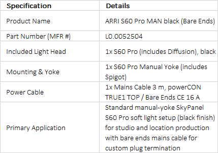 ARRI SkyPanel S60 Pro Manual Yoke LED Soft Light Package (Black, Bare Ends CE)