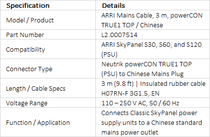 ARRI Mains Cable 3m, powerCON TRUE1 TOP to Chinese Plug (L2.0007514)